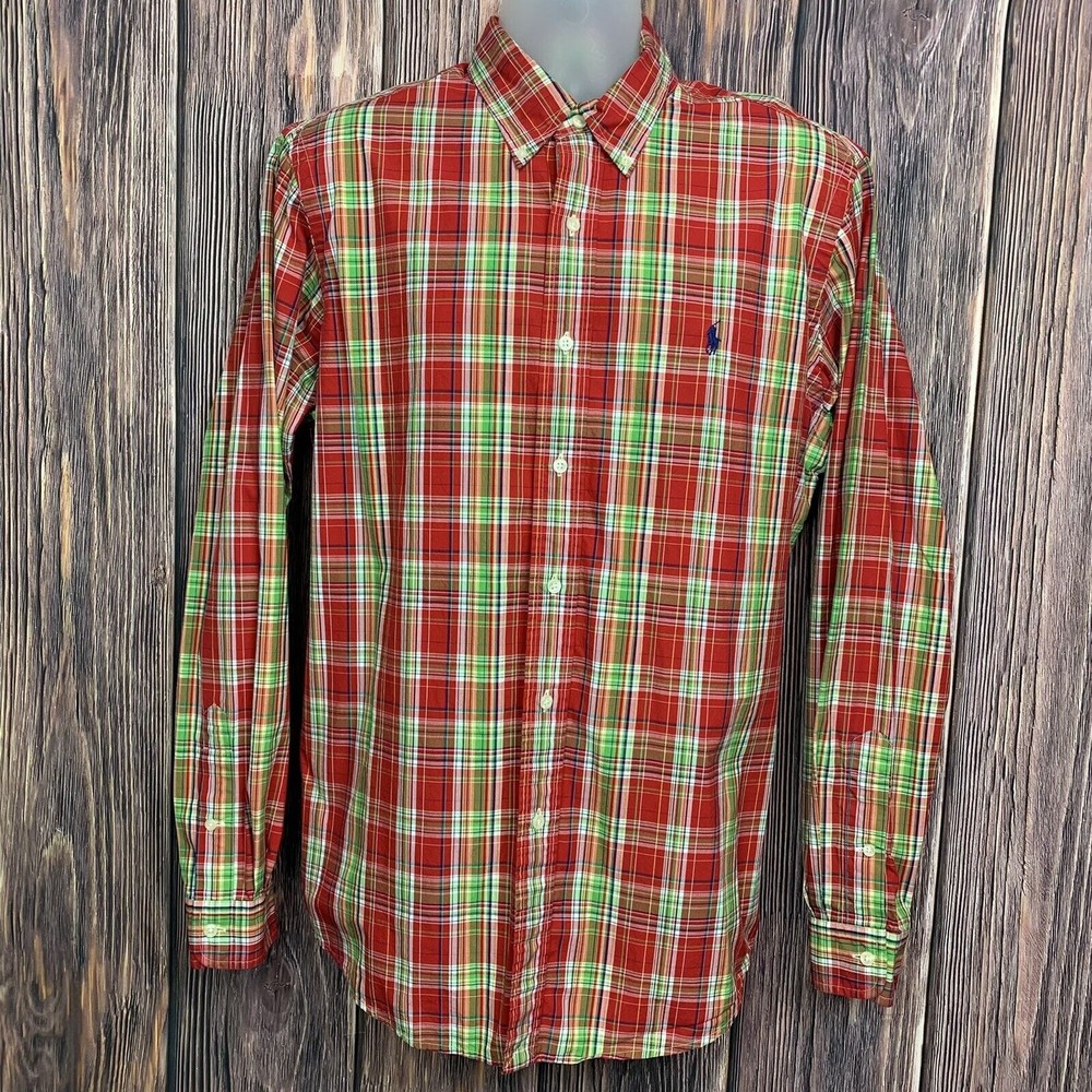 Ralph Lauren Men Red Long Sleeve Plaid Button Classic Pony Logo Shirt Size Large